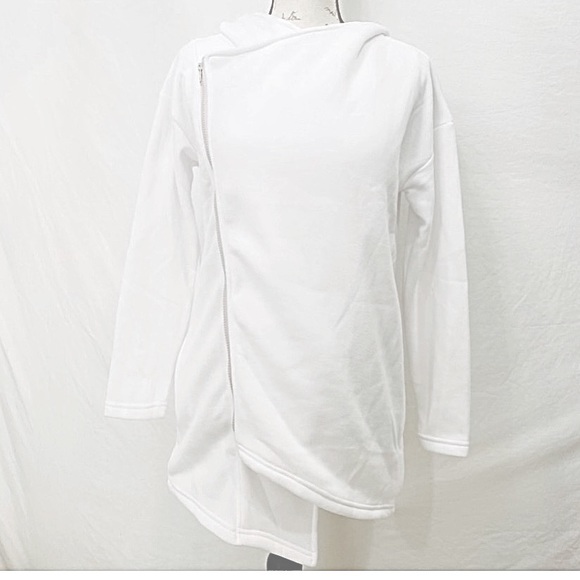 White Zip Up Asymmetrical Front Jacket with Attached Hood Side Pockets NWOT Med - Picture 4 of 16